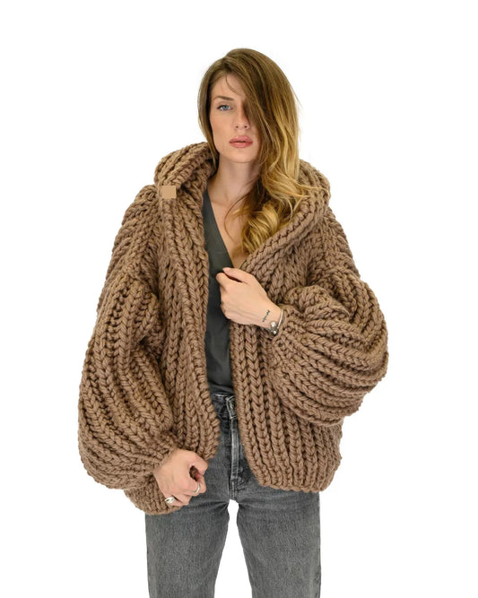 Chic Spring Autumn Women Thick Hooded Knitted Cardigan