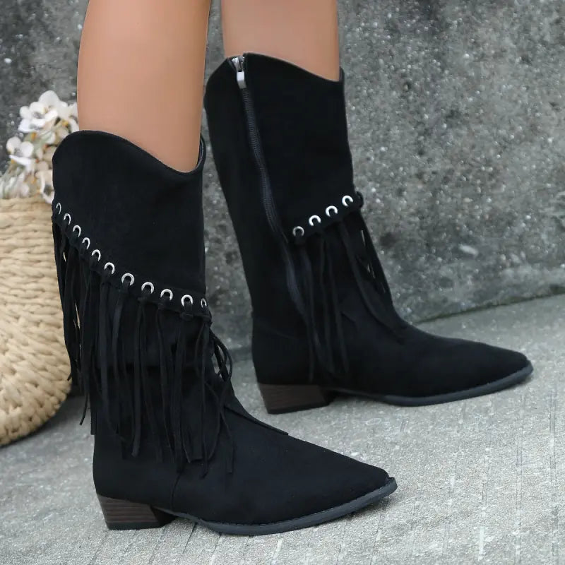 Women's Mid-Calf Retro Cowboy Boots with Tassels
