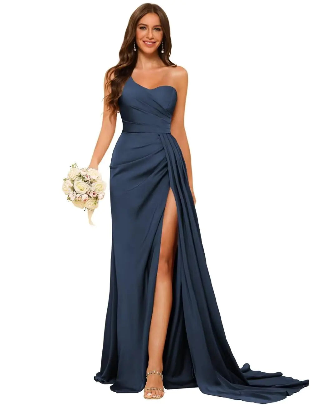 Dessiny Navy Blue Plus Size Bridesmaid Satin Gown 2024