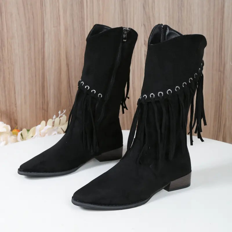 Women's Mid-Calf Retro Cowboy Boots with Tassels