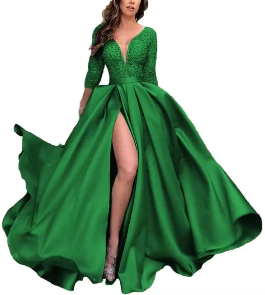 2024 V-Neck Satin Prom Gown with Sleeves
