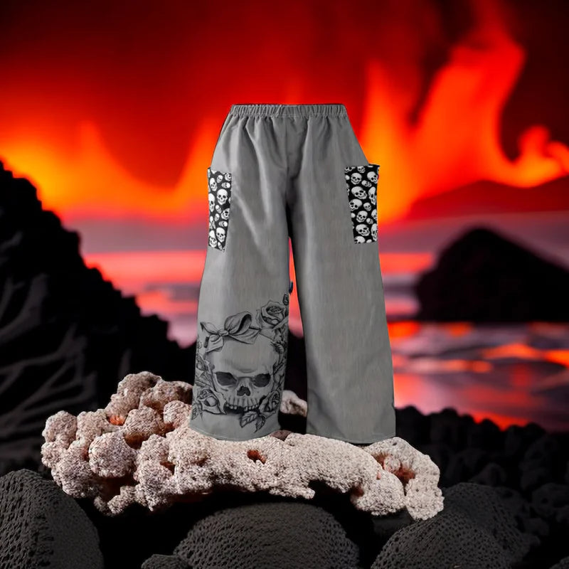 Boho Skull Print Wide-Leg Pants for Women