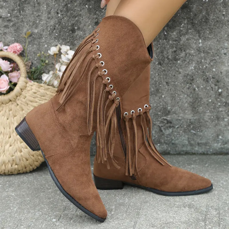 Women's Mid-Calf Retro Cowboy Boots with Tassels