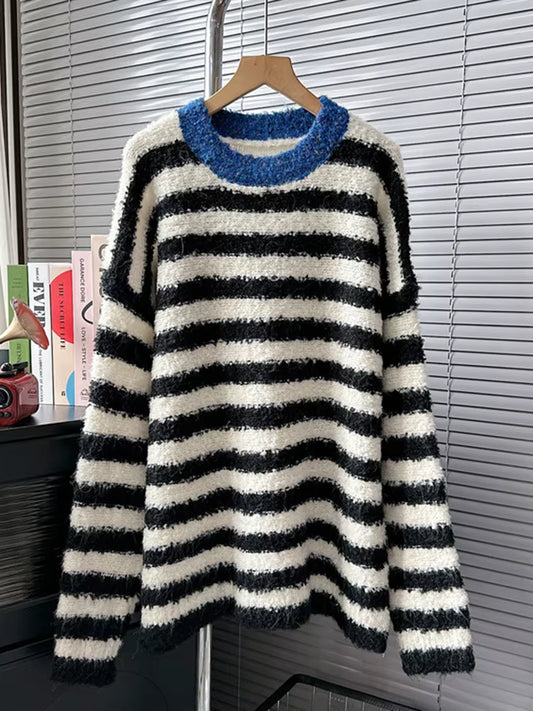 Casual Contrast Colour O-neck Striped Pullover Sweater